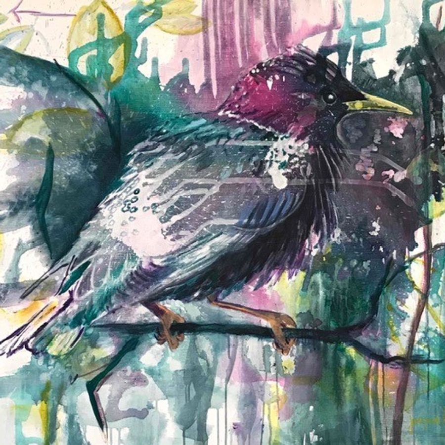 Joepe Bos schilderij vogel met paars en groen